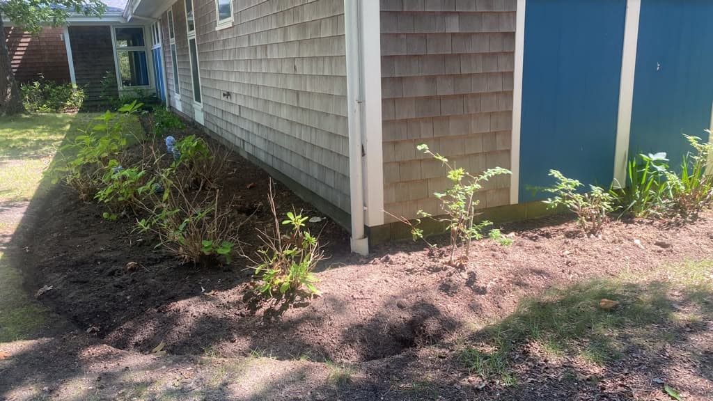 Freshly dug mulch bed edge along the side of a house