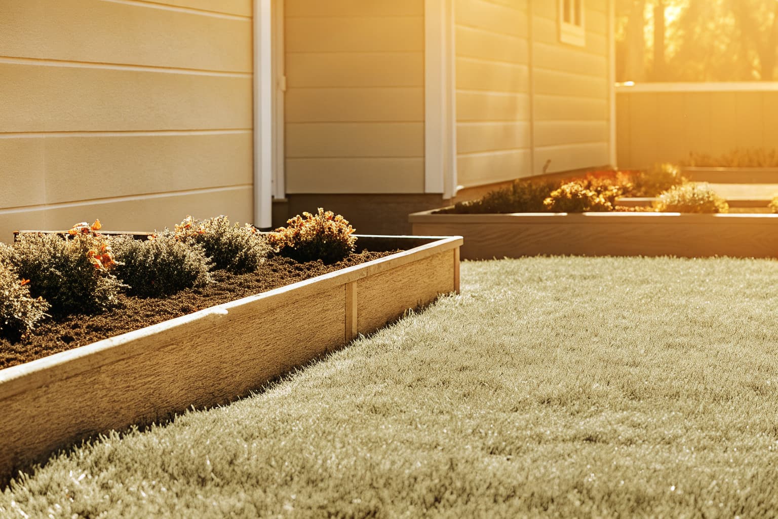 Professionally landscaped residential property with manicured lawn and flower beds