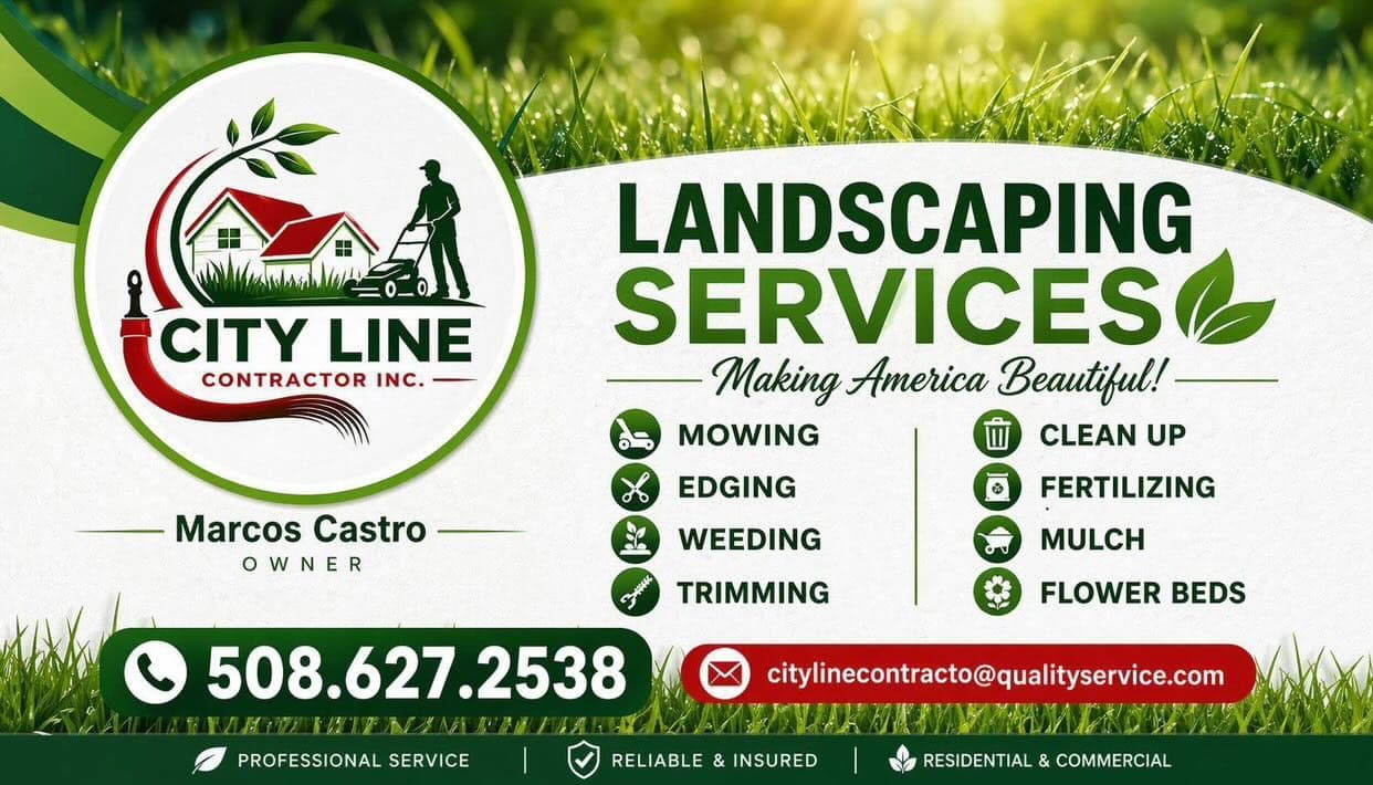 City Line Contractor Inc landscaping services — Mowing, Edging, Weeding, Trimming, Clean Up, Fertilizing, Mulch, Flower Beds